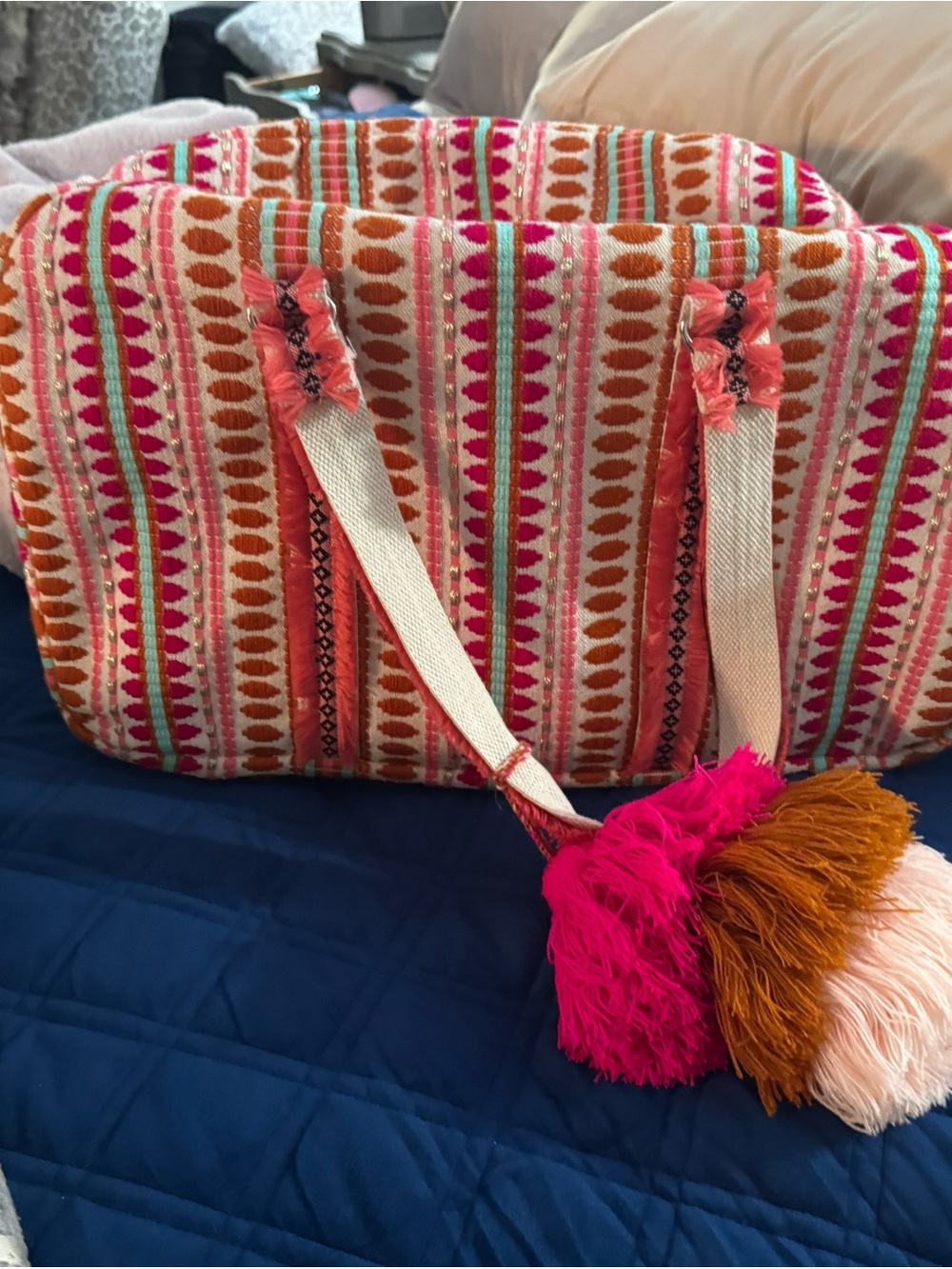 Striped Pink & Orange Duffel Travel Tote Bag with Pom Pom Accents